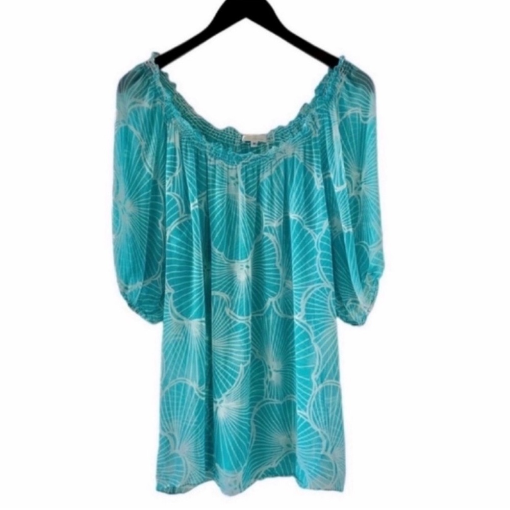 Shoshanna Aqua and White Floral Print Short Sleeve Swim Coverup Size Medium